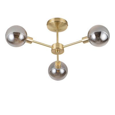 First Choice Lighting Toner Satin Brass with Smoke Glass Globes 3 Light Flush Ceiling Light