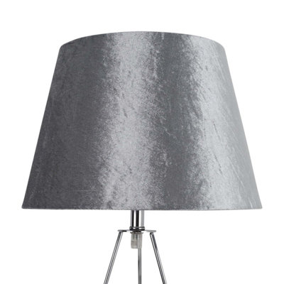First Choice Lighting Tripod Chrome Curved Tripod 45cm Table Lamp With Grey Crushed Velvet Shade