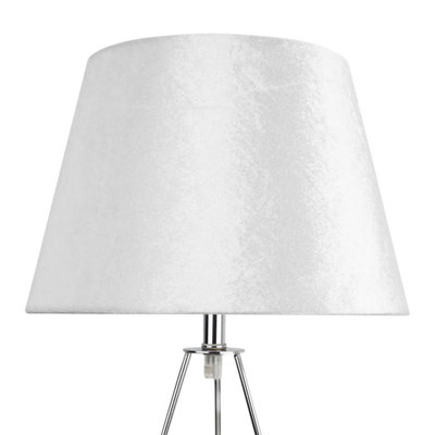 First Choice Lighting Tripod Chrome Curved Tripod 45cm Table Lamp With Off White Crushed Velvet Shade