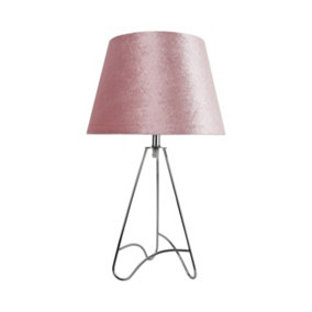 First Choice Lighting Tripod Chrome Curved Tripod 45cm Table Lamp With Pink Crushed Velvet Shade