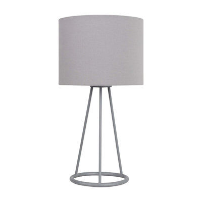 First Choice Lighting Tripod Silver Tripod Table Lamp with Ring Detail and Grey Fabric Shade