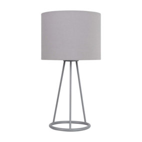 First Choice Lighting Tripod Silver Tripod Table Lamp with Ring Detail and Grey Fabric Shade