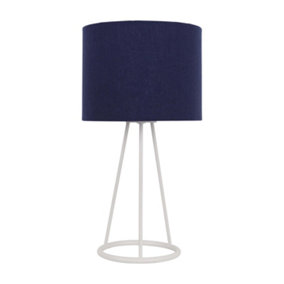 First Choice Lighting Tripod White Tripod Table Lamp with Ring Detail and Navy Blue Fabric Shade