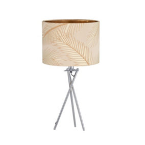 First Choice Lighting Tropica Chrome Tripod Table Lamp with Champagne and Gold Leaf Embossed Shade