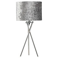 First Choice Lighting Velvet Chrome Grey Tripod Table Lamp With Shade