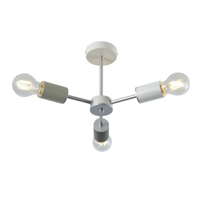 First Choice Lighting Vevo Monochrome White with Satin Silver 3 Arm Flush Ceiling Light