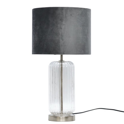 First Choice Lighting Walpole Clear Fluted Glass and Brushed Chrome 49cm Table Lamp with Grey Velvet Shade