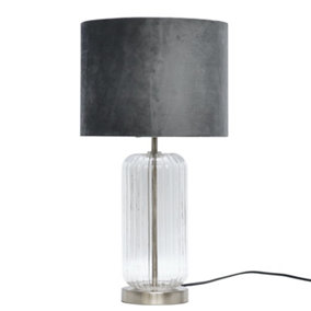 First Choice Lighting Walpole Clear Fluted Glass and Brushed Chrome 49cm Table Lamp with Grey Velvet Shade