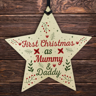 First Christmas As Mummy Daddy Wood Star Christmas Bauble Gifts