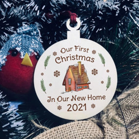 First Christmas In Our New Home Hanging Wood Bauble Novelty Home Couple Gift