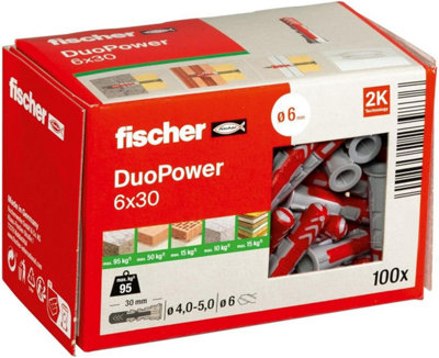 fischer 555006 DUOPOWER Wall Plug, Red/Grey, 6x30, Set of 100 Pieces