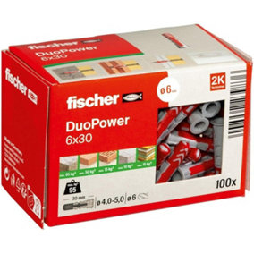 fischer 555006 DUOPOWER Wall Plug, Red/Grey, 6x30, Set of 100 Pieces