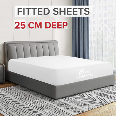 Fitted Sheet 25CM Deep Anti Allergic & Breathable White Bedsheet Single Double S. King Sizes
