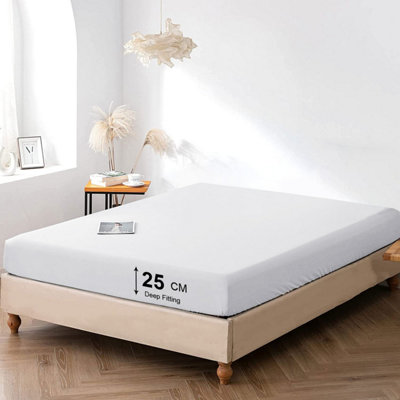 Fitted Sheet 25CM Deep Anti Allergic & Breathable White Bedsheet Single Double S. King Sizes