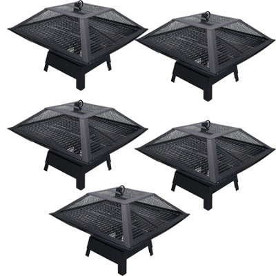Five Outdoor Metal Garden Fire Pit Basket With BBQ Barbecue Grill+Safety Mesh
