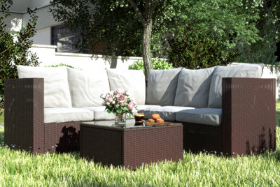 Five-Seater Temple Rattan Corner Sofa Set -  Brown