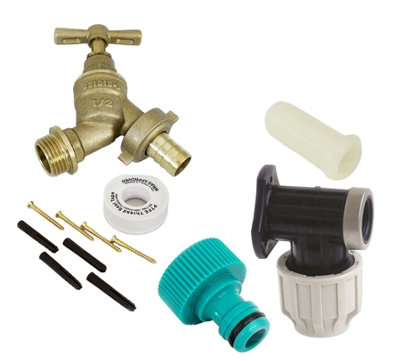 FixTheBog™ Professional 20mm MDPE Outside Tap Kit With Plastic Wall Plate and Garden Hose Fitting