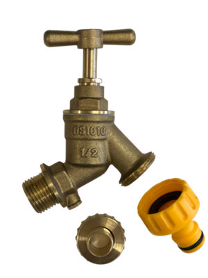 FixTheBog™ UK Made Brass Outdoor Garden Tap Hose Watering 1/2" Hose Union Bib Tap with Double Check valve plus Hozelock Adapter - 3