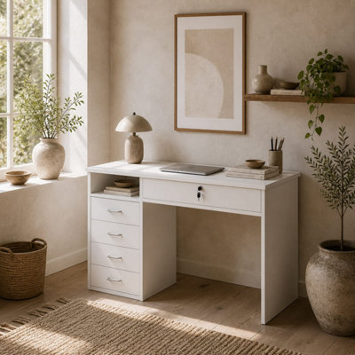 Fizita 110cm White Home Office Desk with 5 Storage Drawers - Wyld Haus