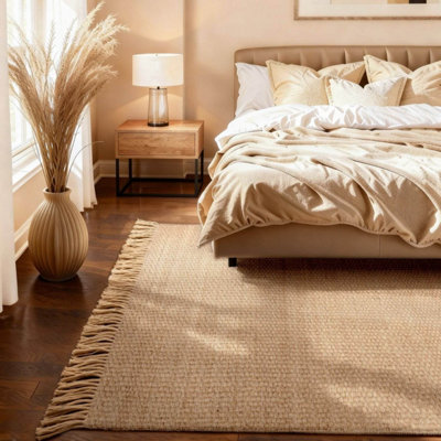Fjord Reversible Handwoven Jute Rug Natural Gold Living Room in Beige