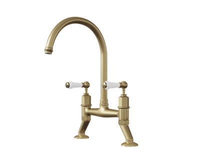 flöde Larvik Cross Head Bridge Kitchen Mixer Tap Brushed Brass Finish