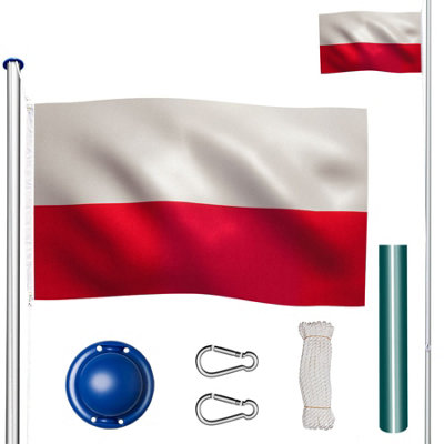 Flag Pole with Flag - aluminium, including cable pulley, ground socket, 6.25 m - Poland