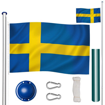 Flag Pole with Flag - aluminium, including cable pulley, ground socket, 6.25 m - Sweden