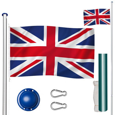 Flag Pole with Flag - aluminium, including cable pulley, ground socket, 6.25 m - UK