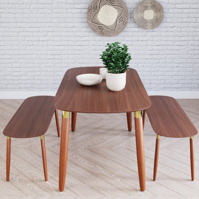 Flair Edelweiss Dining Table and Bench Set - Walnut and Brass
