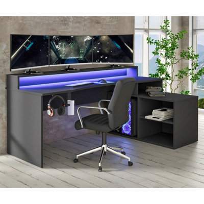 Flair Power W L Shaped Corner Gaming Desk With Colour Changing LED Lights Black