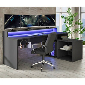 Flair Power W L Shaped Corner Gaming Desk With Colour Changing LED Lights - Black