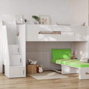 Flair Stepaside Staircase High Sleeper With Lime Green Futon - White