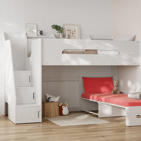 Flair Stepaside Staircase High Sleeper With Scarlet Red Futon - White