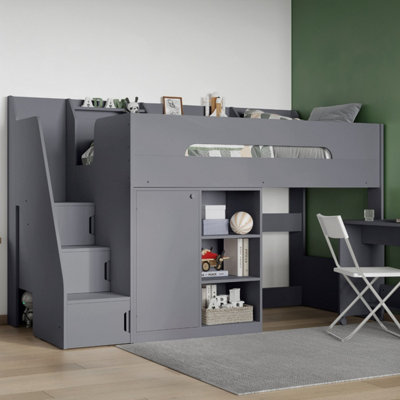 Flair Stepaside Wooden High Sleeper Workstation - Grey