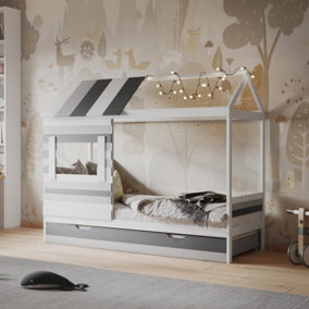 Flair Woodland House Single Bed With Trundle - White/Grey