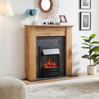 FLAMEKO 16" Verona Fireplace Insert, 2000W Heater, Black Trim With Spacer, Bauhaus Fret, 9 Colour Flame Effect, Remote Control
