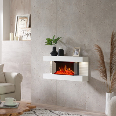 FLAMEKO 32" Atacama Wall Mounted Fireplace All-in-One with Downlights and Remote Control 1.8kW Heater in White
