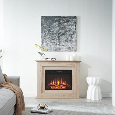 FlameKo Savannah Fireplace with 39 surround and Realistic Flame Effect  Heater Natural Light Bronx Oak Multiple Colours Available | DIY at Bu0026Q