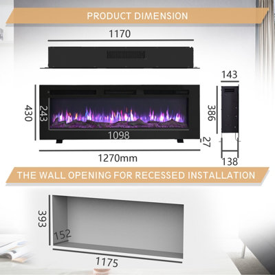 FlameKo Wilton 50''/127cm 3 in 1 Electric Fireplace, Freestanding, Wall Mounted, Recessed, Media Wall, Heater, Remote Control