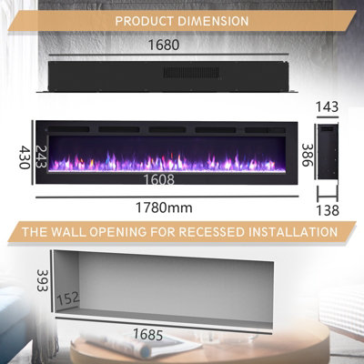 FlameKo Wilton 70"/178cm Electric Fireplace, Wall Mounted, Recessed, Media Wall, Heater, Remote Control