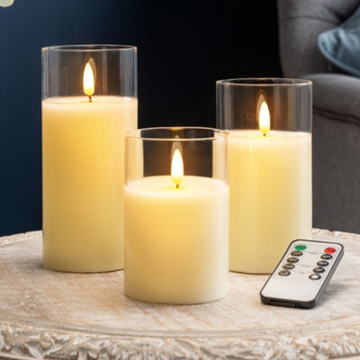 Flameless LED Candles With Remote Clear Glass Set Of 3 Christow