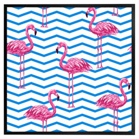 Flamingo & blue geometric lines (Picutre Frame) / 16x16" / Black