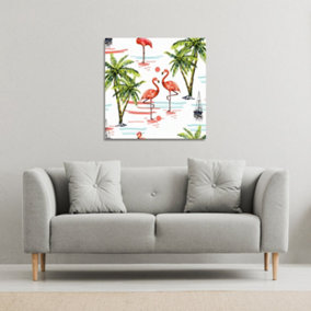 Flamingo & Palm Trees (Canvas Print) / 114 x 114 x 4cm