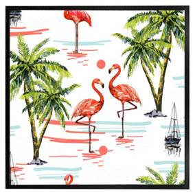 Flamingo & palm trees (Picutre Frame) / 16x16" / Oak