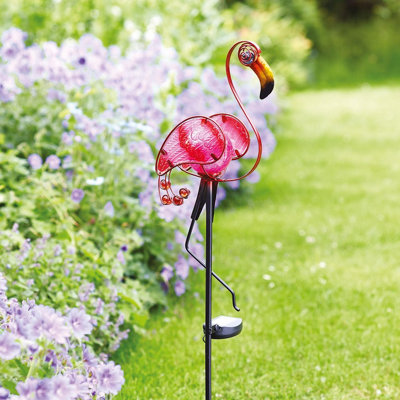 Flamingo Solar Powered Stake Light - Hand Painted Glass & Metal Garden Decoration with LED Crackle Ball - H93 x W24 x D9cm