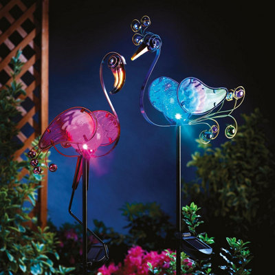 Flamingo Solar Powered Stake Light - Hand Painted Glass & Metal Garden Decoration with LED Crackle Ball - H93 x W24 x D9cm