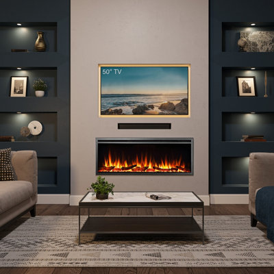 FLAMME 50" Castello Slim Frame Recessed Media Wall Inset Electric Fireplace with Multi Flame Colours 750W/1500W