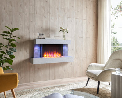 FLAMME Kingston Wall Mounted Fireplace up to 60" with 3 Flame Colours and 13 Mood Lighting Options (47" CEMENT GREY)