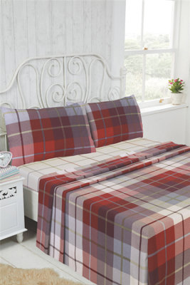 Flannelette Brushed Cotton Checked Red Fitted Sheet, Flat Sheet And Pillow Case