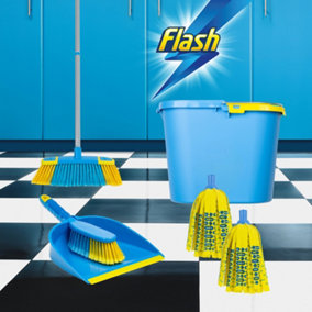 Flash 3 Piece Handle, Broom Head, 2 x Mighty (30% Microfibre 3 Functions) Mop Heads, Mop Bucket, Dustpan & Brush Set